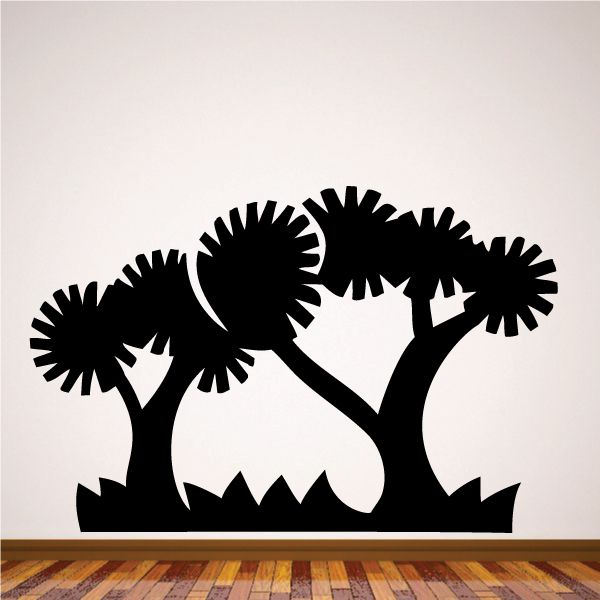 Black tree wall decal vinyl silhouette with three canopies and ground leaves