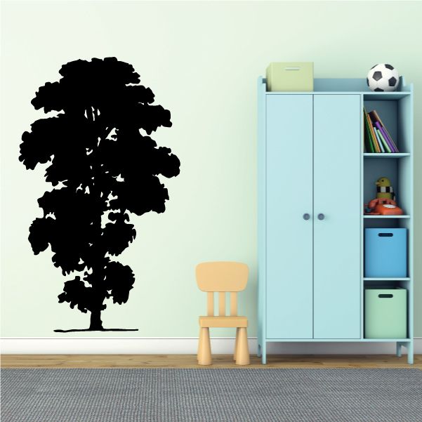 Black tree wall decal with wide canopy and trunk silhouette.