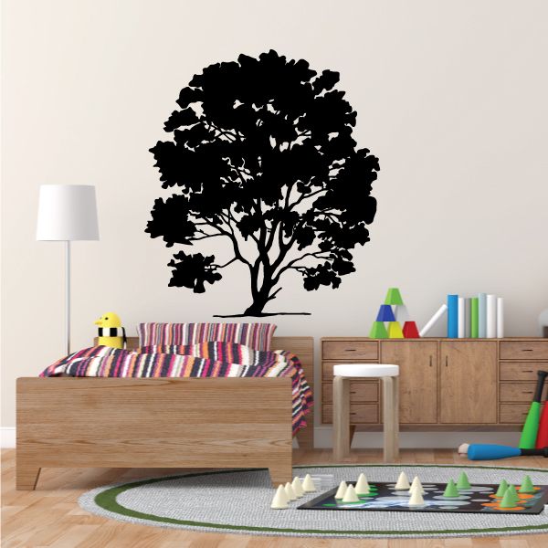 Black tree wall decal vinyl, rounded canopy and detailed trunk silhouette