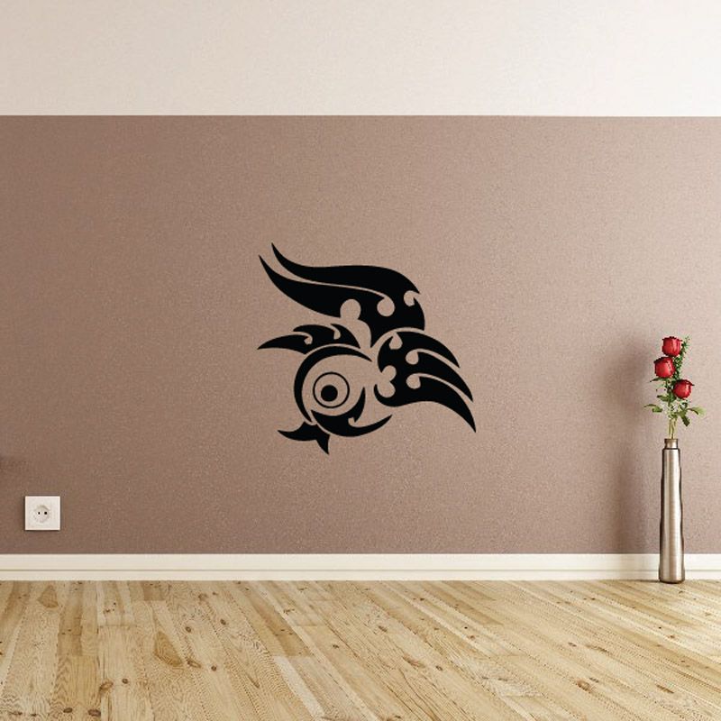 Tribal bird wall decal with black tribal bird head design and swirling accents