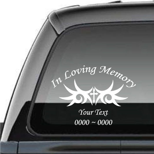 In Loving Memory window decal with cross and tribal-style ornament in white