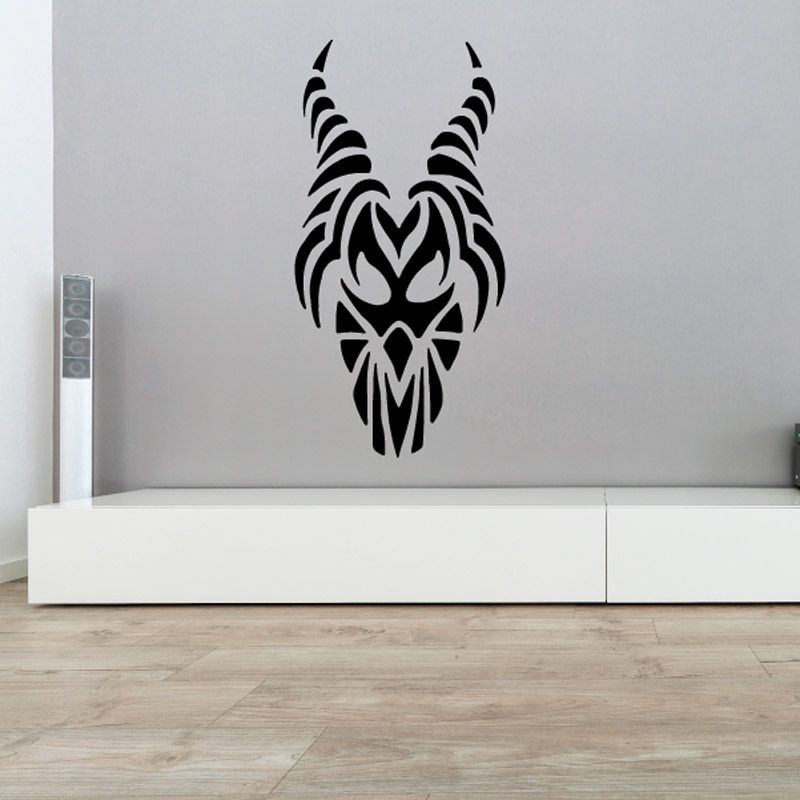 Tribal goat demon decal, black stylized horned head wall sticker