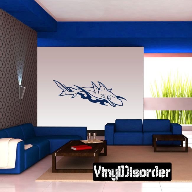 Tribal hammerhead shark vinyl decal, dark blue tribal outline on wall