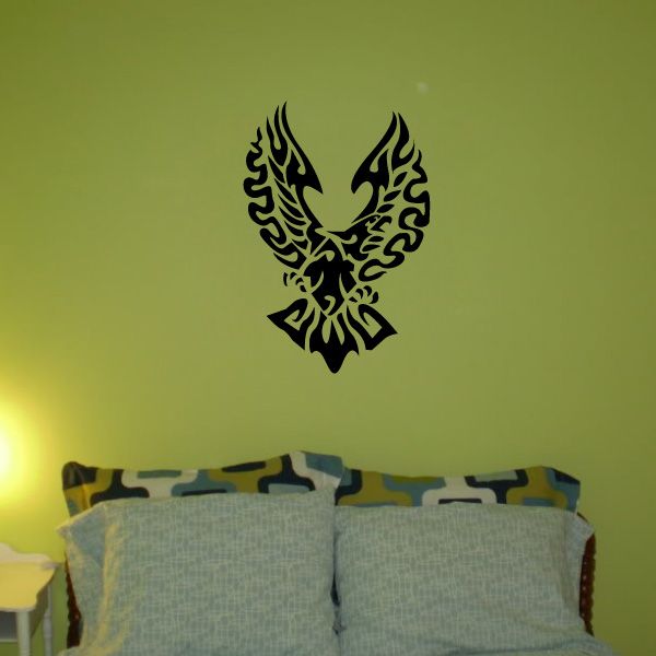 Tribal eagle wall decal, black vinyl silhouette with detailed tribal wings