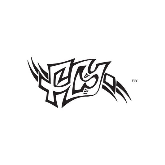 Graffiti fly decal with tribal lettering and wing, black and white