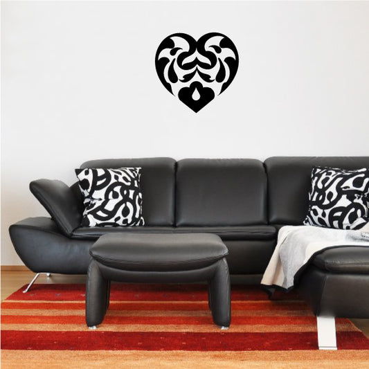 Tribal heart decal, black wall sticker with flame-like swirl pattern and drop accents.