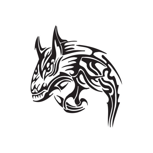 Tribal wolf head hunting decal in black and white, stylized tribal line art