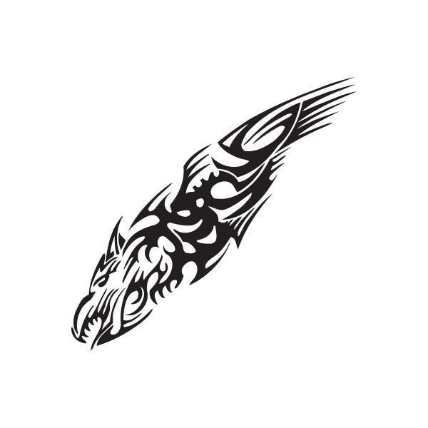 Tribal wolf head decal, black graphic with sharp eye and flame-like detailing