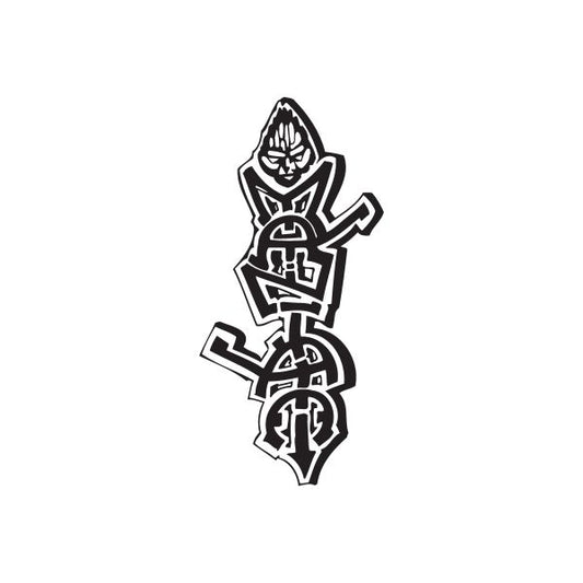 Tribal manga graffiti decal, bold black line-art character with geometric glyphs