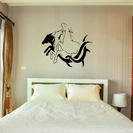 Black three-horse wall decal with tribal swirl motif