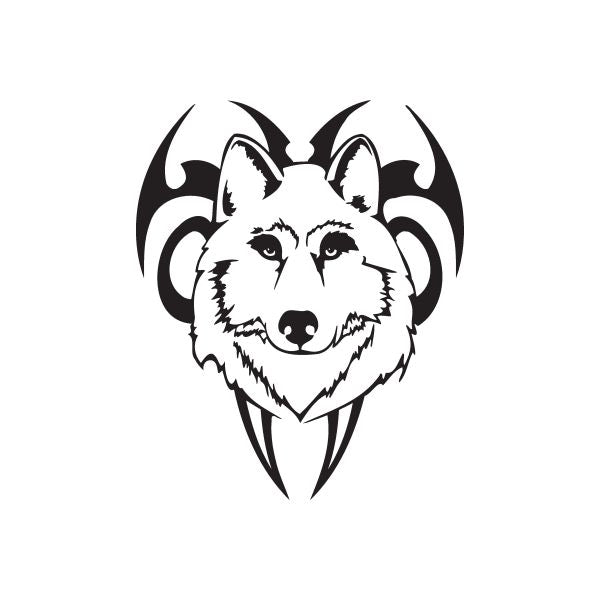 Black and white wolf head decal with tribal flame motif