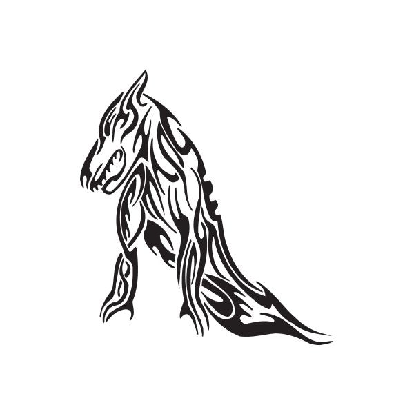 Tribal reclining wolf decal with black line-art silhouette and tribal pattern