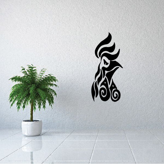 Tribal rooster head wall decal in black with swirling flame-style lines