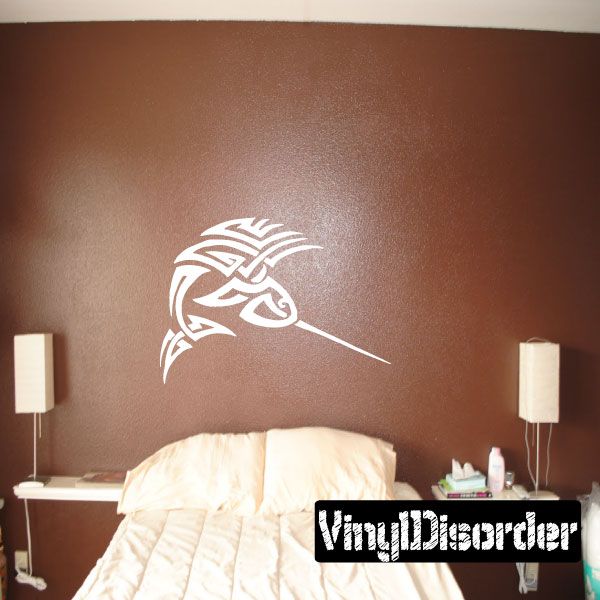 White tribal spearfish wall decal with stylized fish head and spear tip