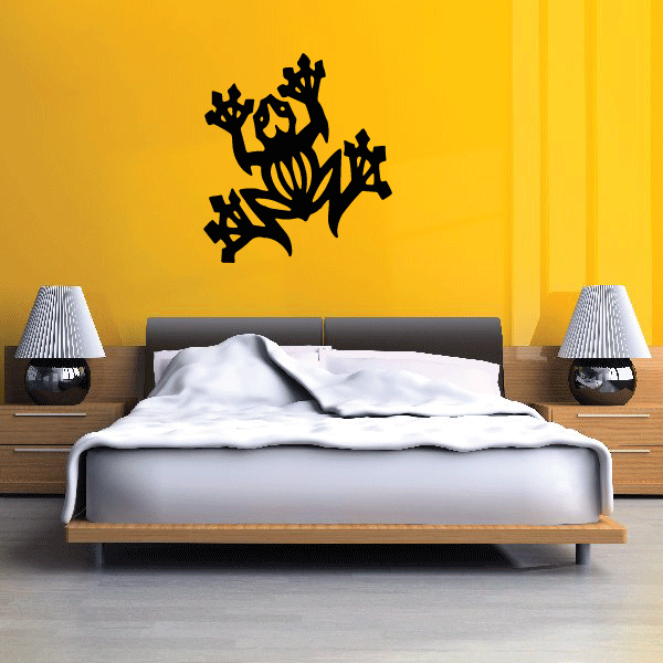 Black tribal tree frog wall decal with branching leaves silhouette