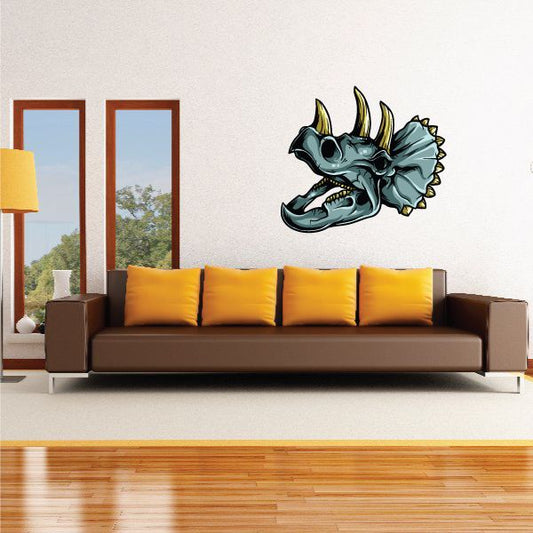 Triceratops skull printed decal in teal blue with horns and dark outlines