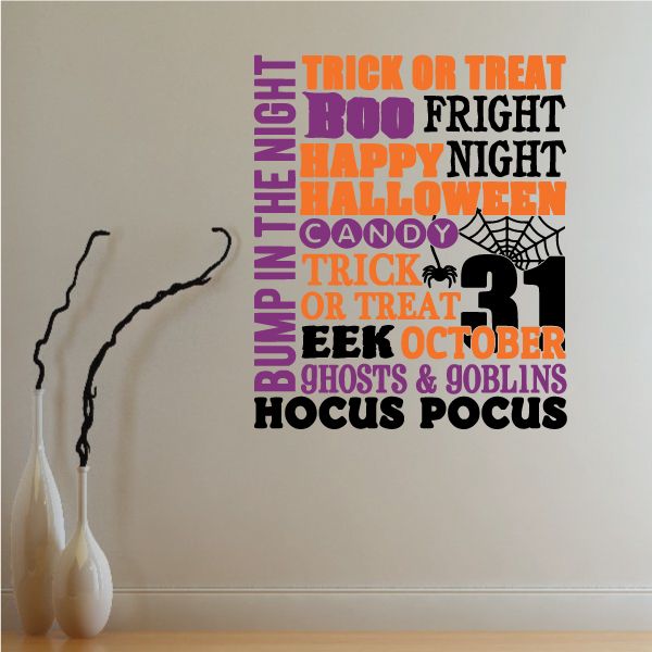 Halloween typography wall decal with trick or treat and ghost phrases