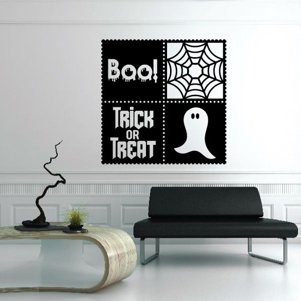 Halloween square motif decal with Boo, Trick or Treat text, spiderweb and ghost