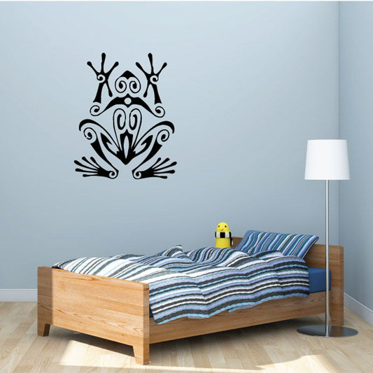 Stylized tree frog wall decal with ornamental swirls, black design