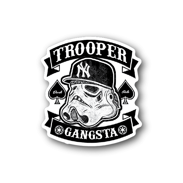 Black and white trooper gangsta vinyl sticker with helmeted character and banner text
