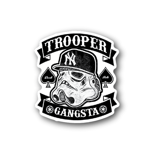 Black and white trooper gangsta vinyl sticker with helmeted character and banner text
