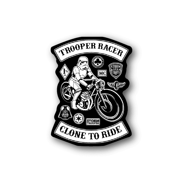 Motorcycle vinyl sticker with Trooper Racer “Clone to Ride” logo and rider on bike