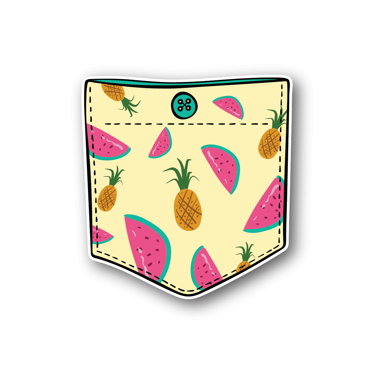 Tropical fruit pocket vinyl sticker with watermelon, pineapple, and mint icons on pale cream