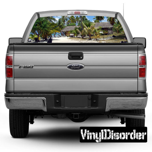 Pickup rear window view graphic on dark pickup tailgate