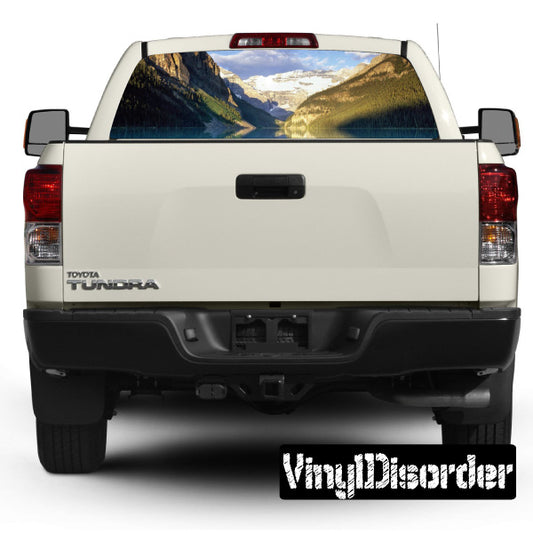 Pickup truck rear window graphic decal with mountain landscape view