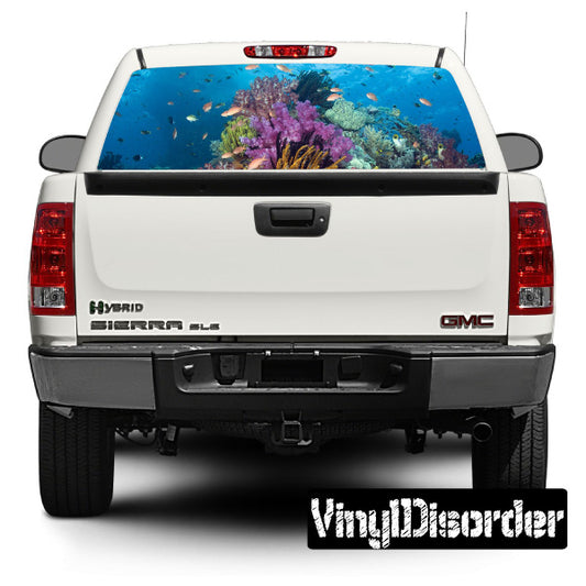 Underwater coral reef rear window graphic for truck, blue background