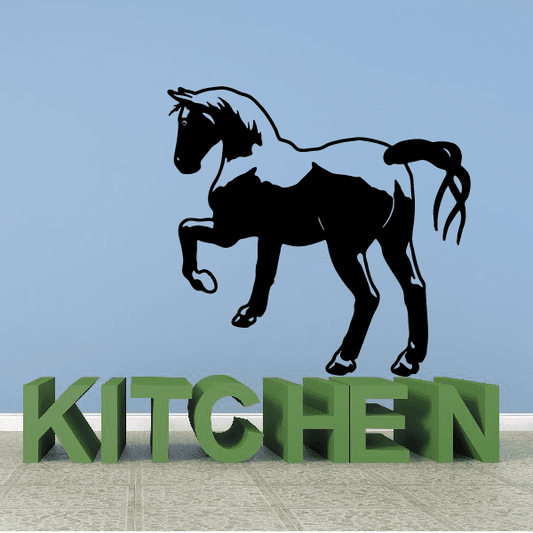 Trotting pony decal with black horse silhouette on light background