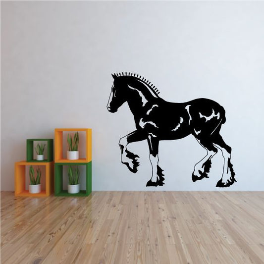 Trotting Shire horse wall decal, black with white highlights