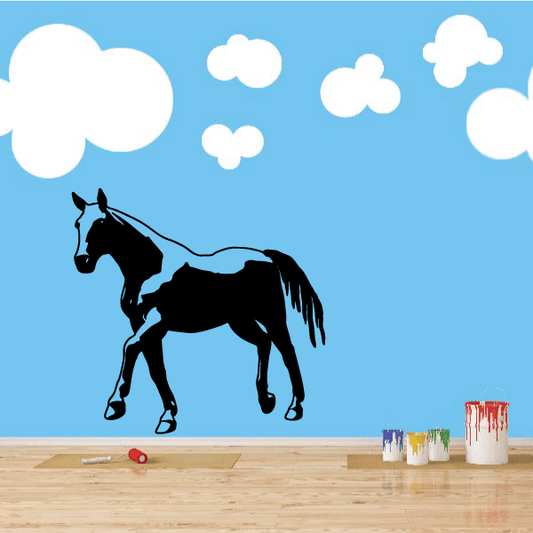 Trotting stallion wall decal with white cloud accents