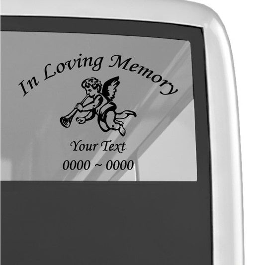 In Loving Memory trumpet angel decal with cherub and 'Your Text' date range