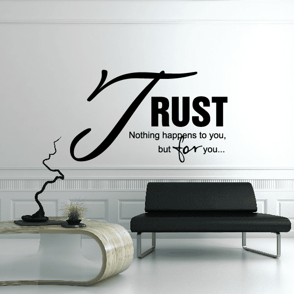 Black wall decal with cursive J, 'RUST' text, and 'Nothing happens to you' message.
