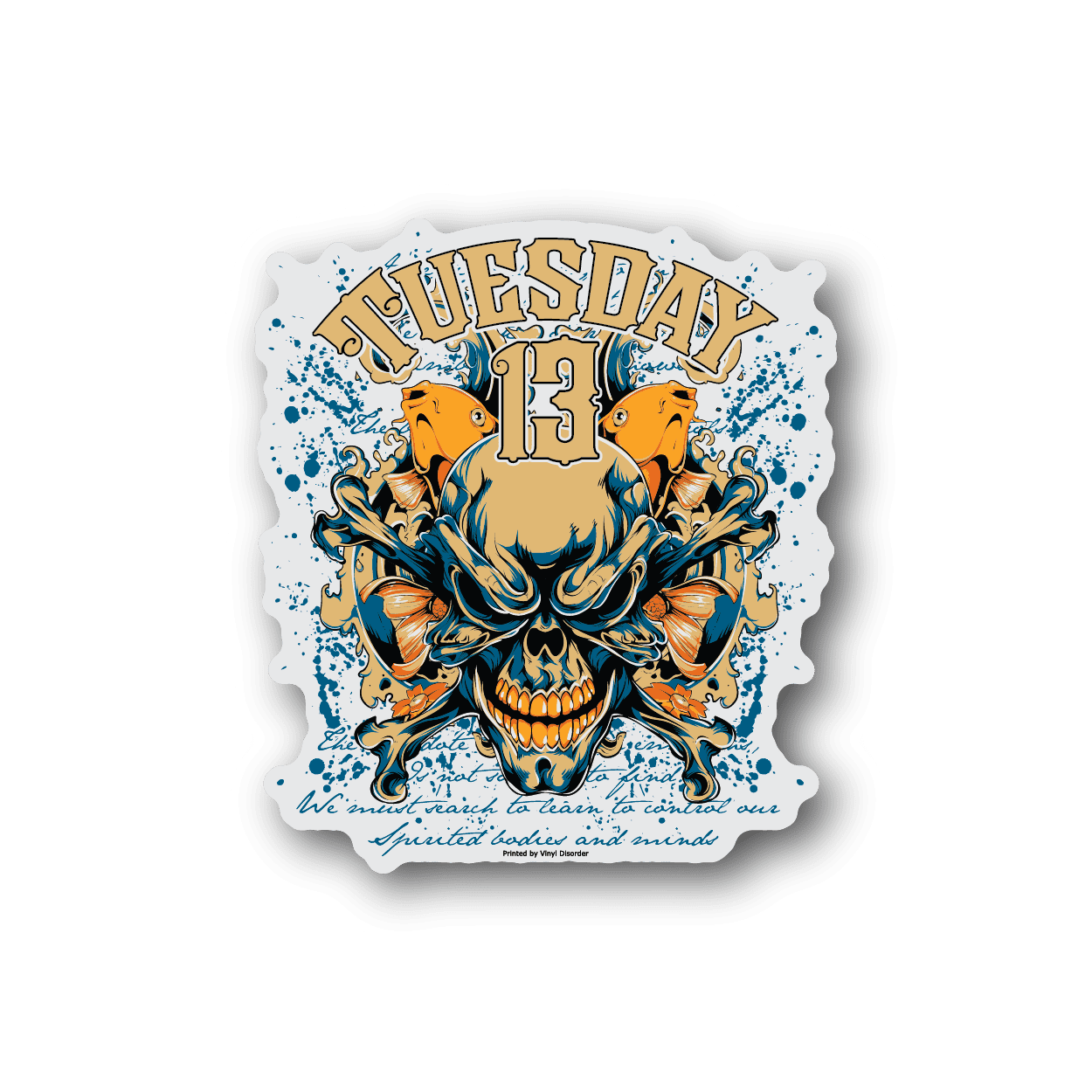 Vinyl sticker with ornate skull design, blue and orange flames, and bold lettering