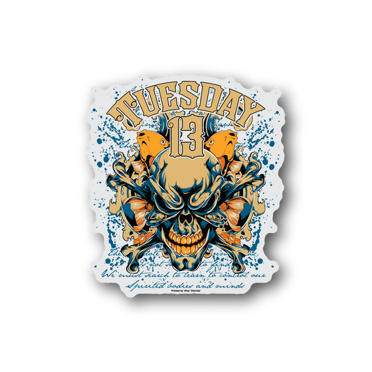Vinyl sticker with ornate skull design, blue and orange flames, and bold lettering