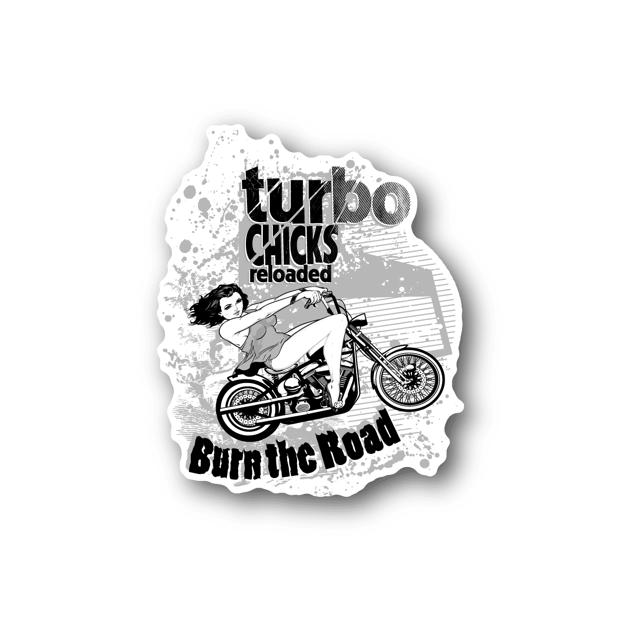 Motorcycle vinyl sticker with Turbo Chicks reloaded text and bike graphic
