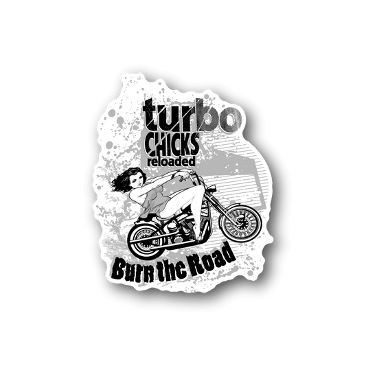 Motorcycle vinyl sticker with Turbo Chicks reloaded text and bike graphic