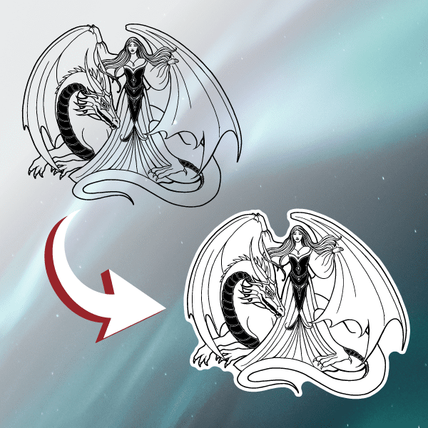 Illustrated fantasy sticker of a winged woman and black dragon, white outline