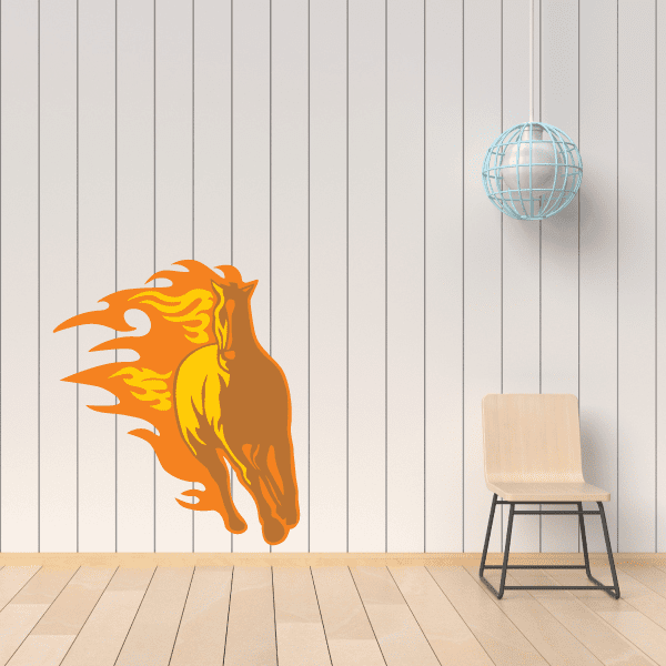 Orange running fire horse graphic sticker with fiery mane and tail