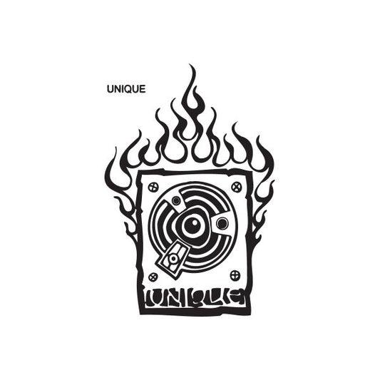 Graffiti turntable decal with flame design on a dark square background