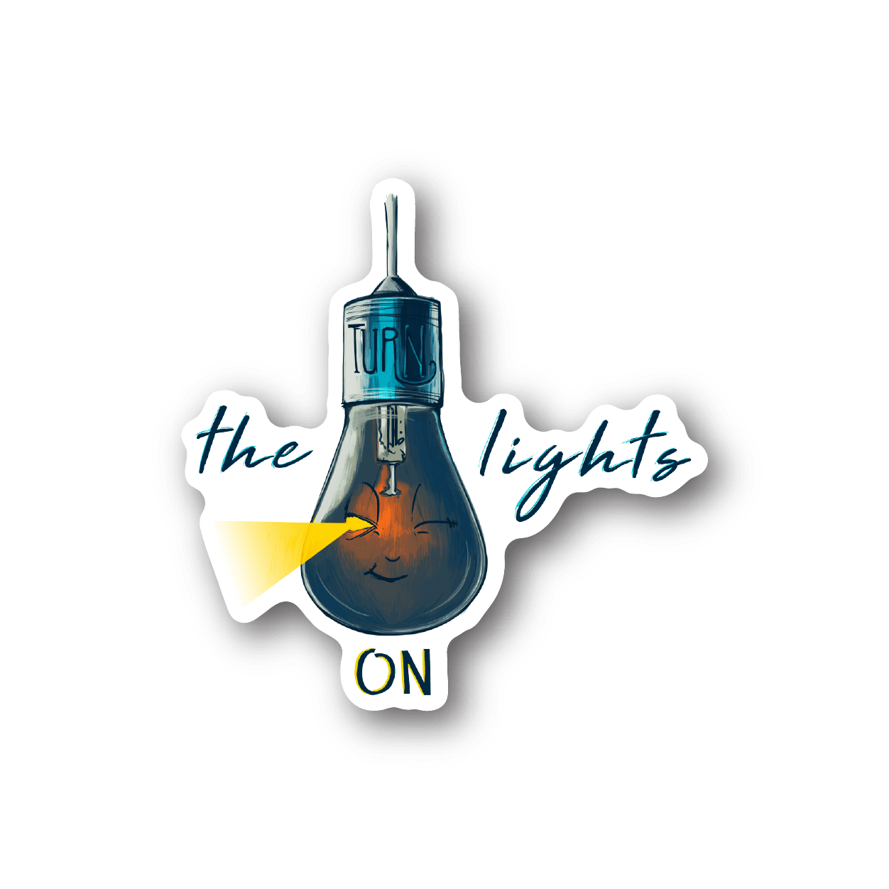 Lightbulb vinyl sticker with the lights script and ON text, blue and white