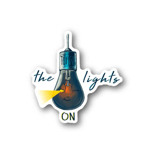Lightbulb vinyl sticker with the lights script and ON text, blue and white