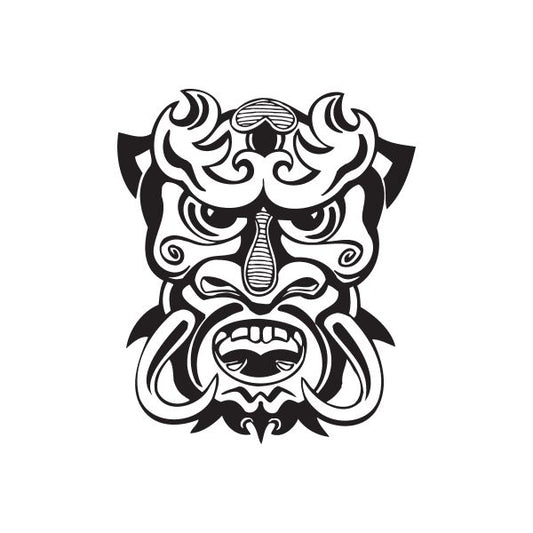 Tiki decal with black and white fire devil face, tusks and flame accents
