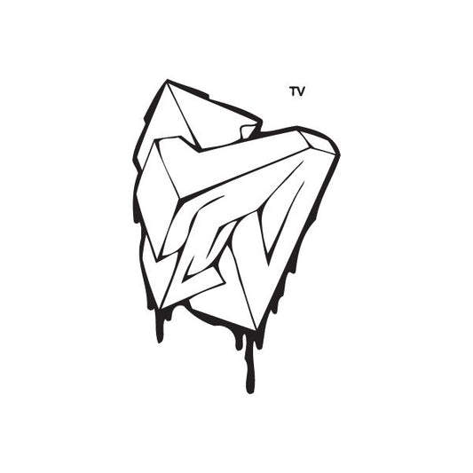Graffiti TV decal with black stylized TV letters and abstract spray shapes