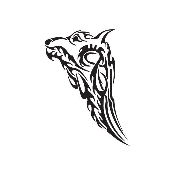 Black tribal wolf head decal with stylized face and flowing tribal lines