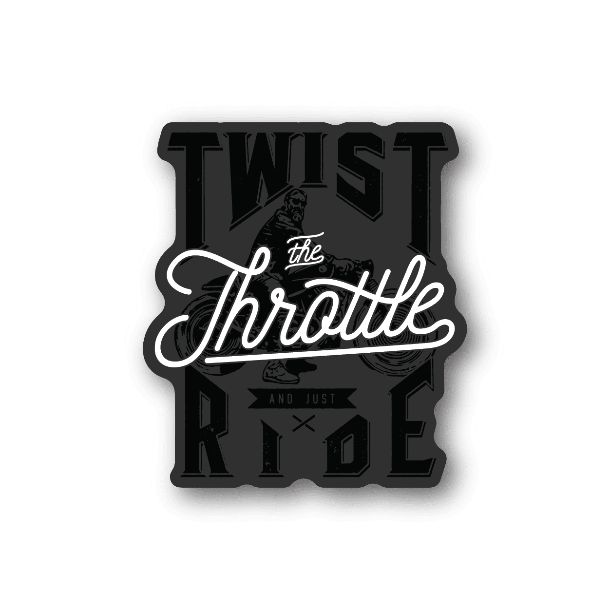 Motorcycle vinyl sticker with 'TWIST the Throttle' and 'RIDE' typography