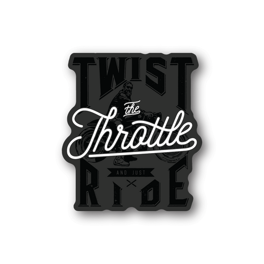 Motorcycle vinyl sticker with 'TWIST the Throttle' and 'RIDE' typography