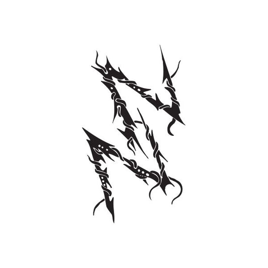 Black twisted metal dragon vinyl wall decal with sharp spiked shapes and flames